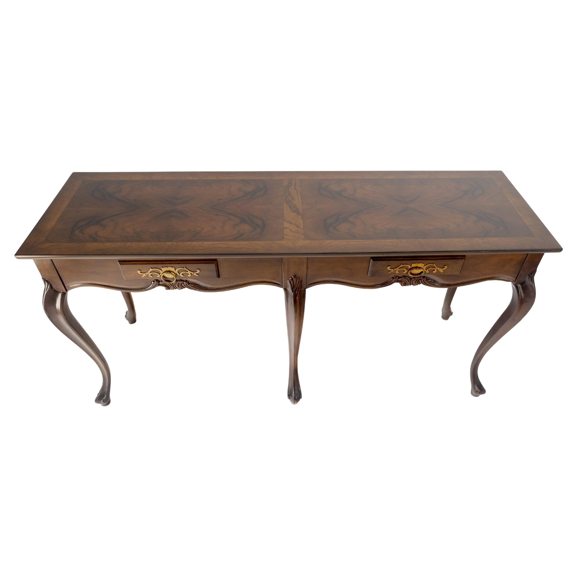 EstablishedLines Baker 54" Long 6 Legged Burl Walnut 2 Drawers Cabriole Leg Console Sofa Table