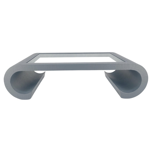 EstablishedLines Linen Cloth Wrapped Silver Grey C Scroll Shape Glass Top MCM Coffee Table MINT