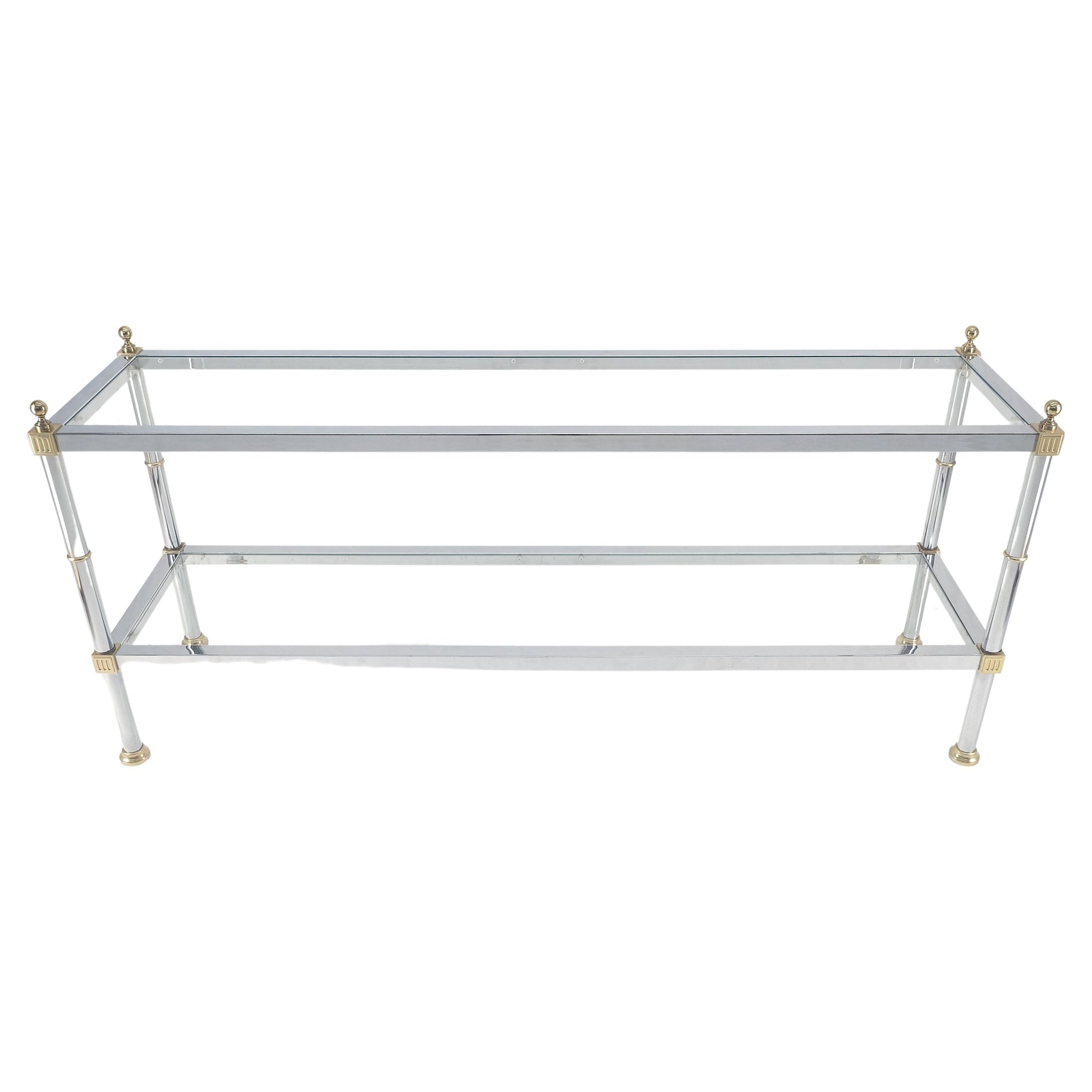 Two Tier Italian Glass Shelve Chrome 7 Brass 60" Console Sofa Table Finials MINT