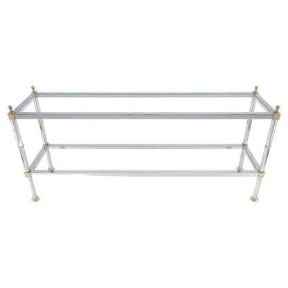 Two Tier Italian Glass Shelve Chrome 7 Brass 60" Console Sofa Table Finials MINT