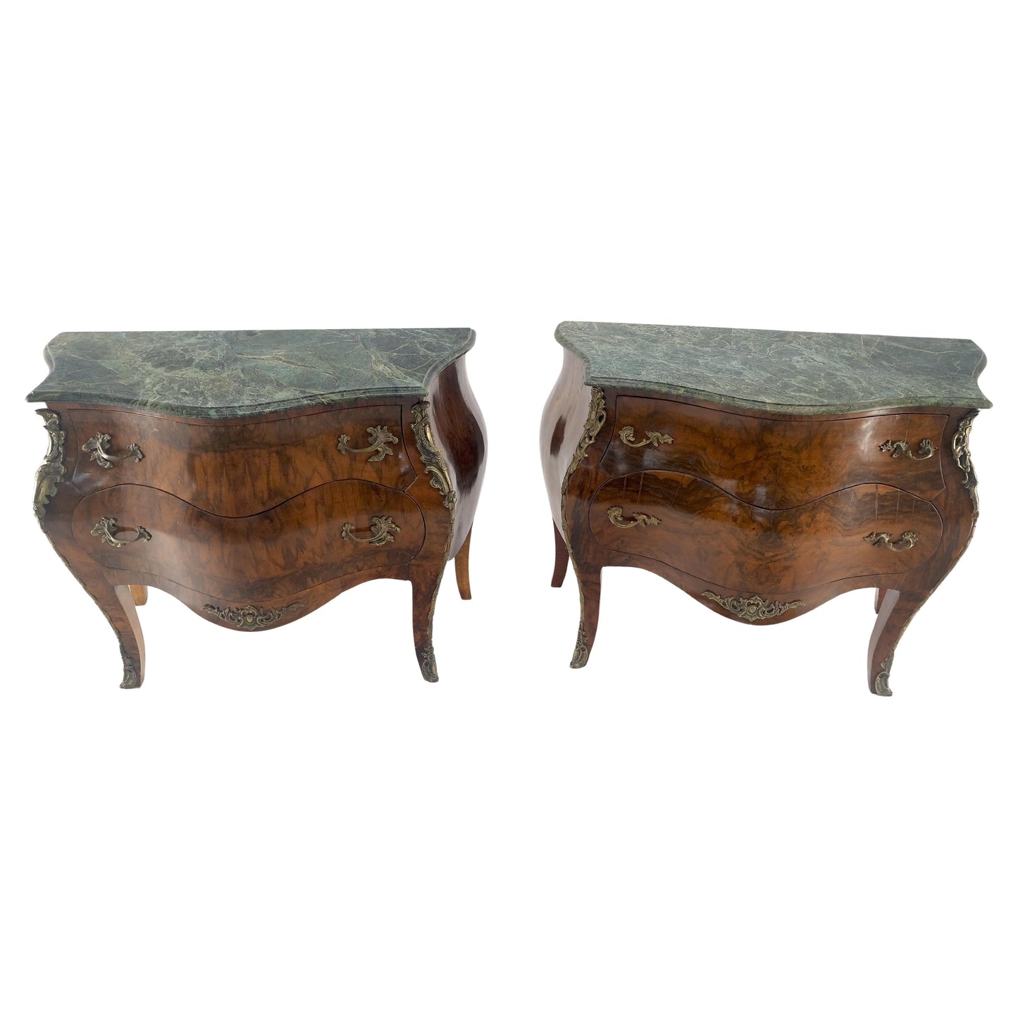 EstablishedLines Pair of 41" Wide Green Marble Top Louis V Bombay French Burl Dressers Commodes