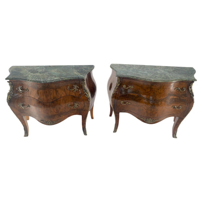 EstablishedLines Pair of 41" Wide Green Marble Top Louis V Bombay French Burl Dressers Commodes