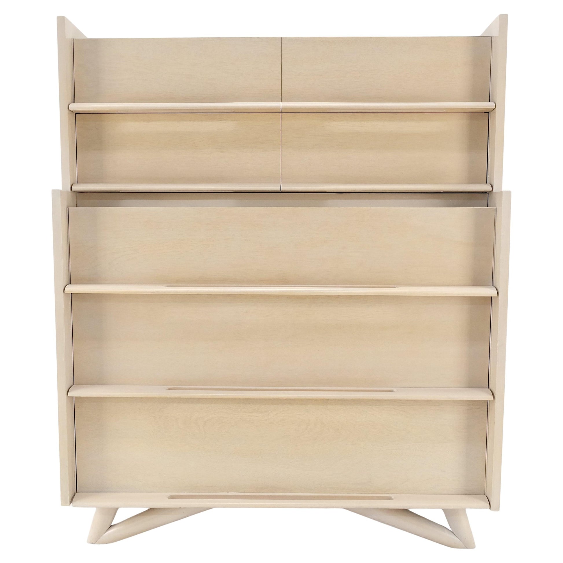 EstablishedLines Sculptural Legs & Drawer Pulls White Wash Bone Tone 5 Drawers Mahogany Dresser