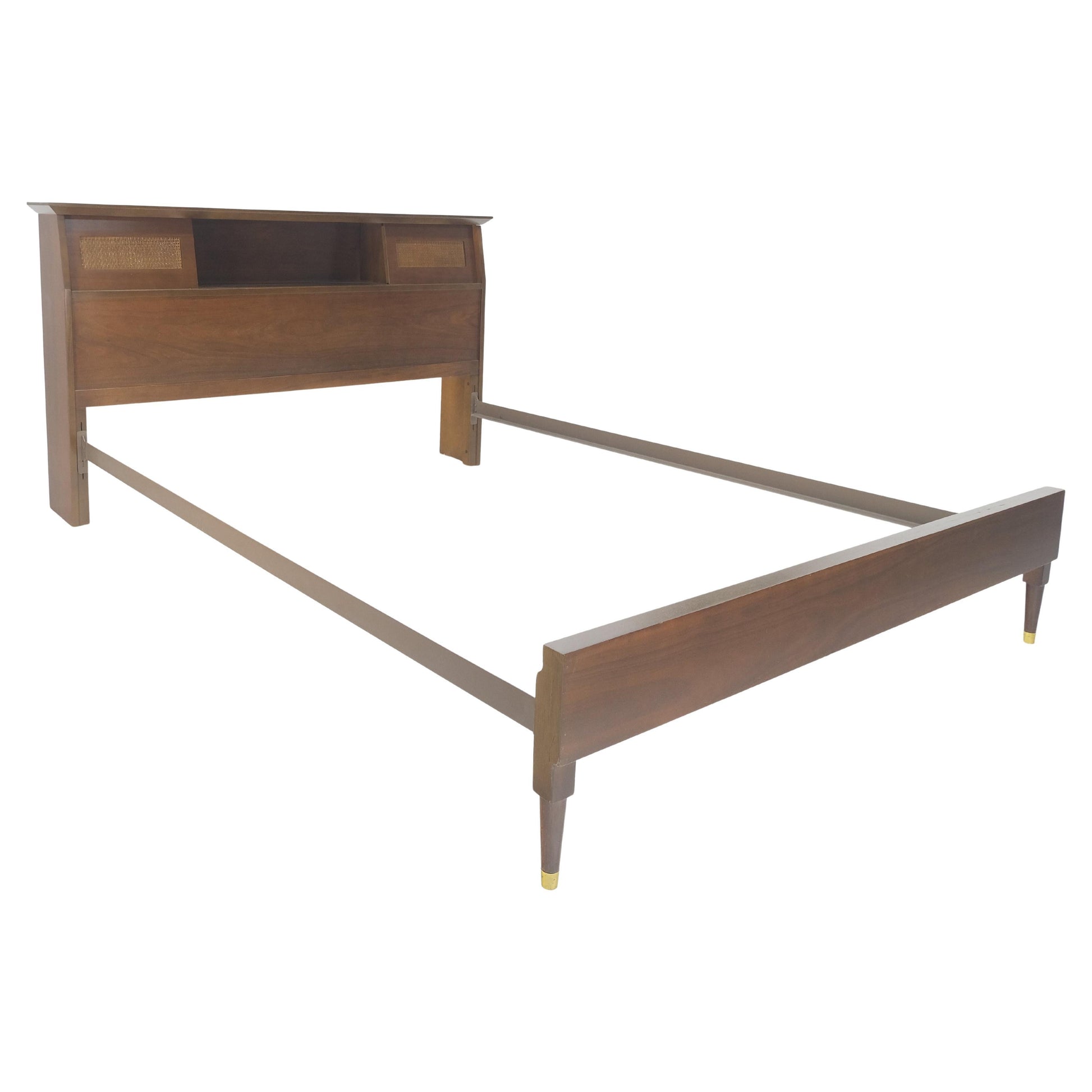 EstablishedLines Walnut Storage Compartment Wedge Shape Headboard Queen Size Bed w/ Rails MINT