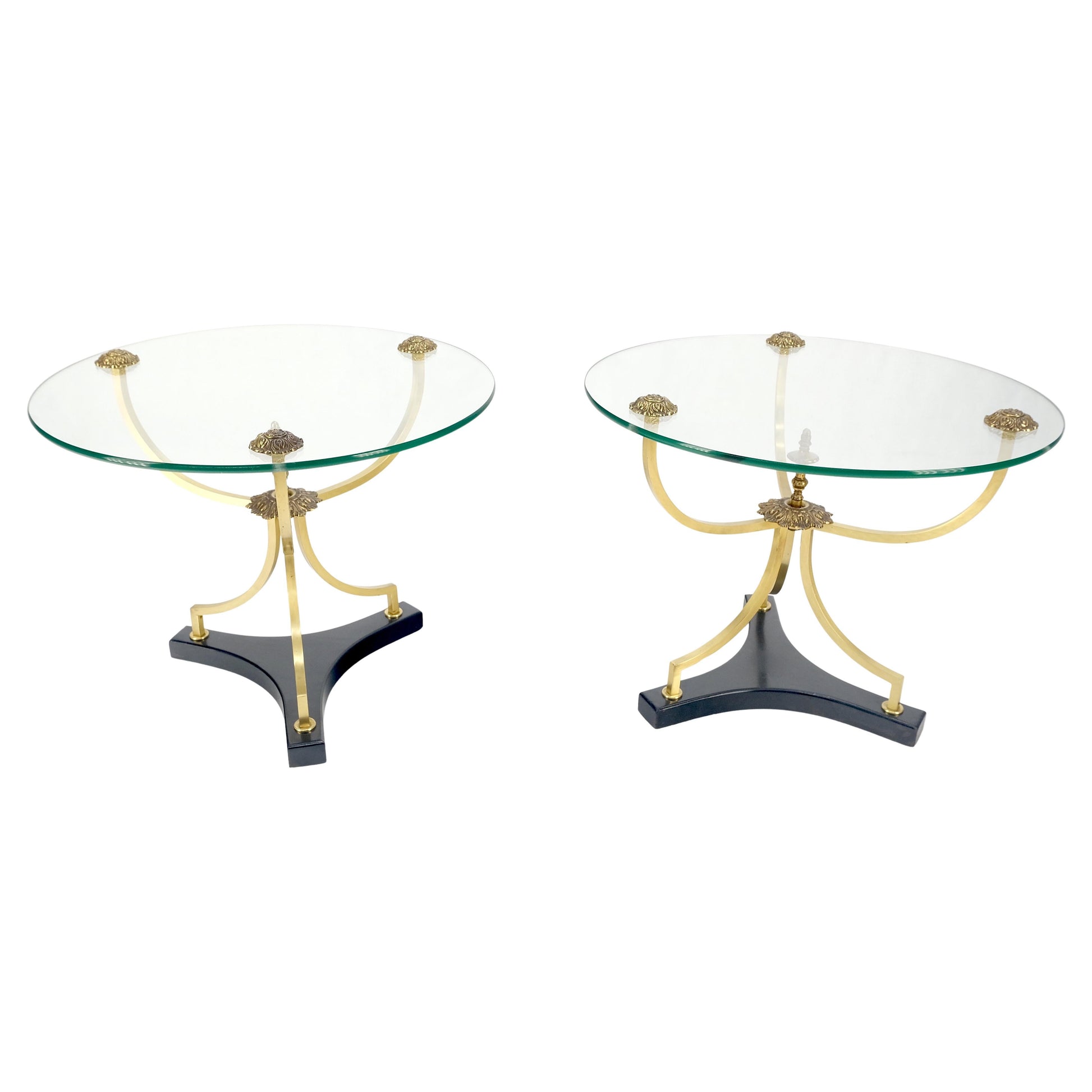 EstablishedLines Pair of 22" Round Glass Top Brass Bases End Side Center Tables Stands