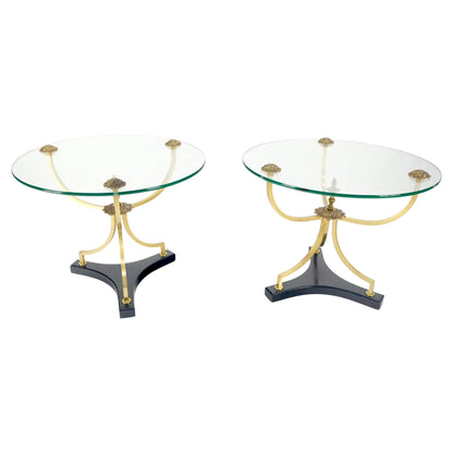 EstablishedLines Pair of 22" Round Glass Top Brass Bases End Side Center Tables Stands