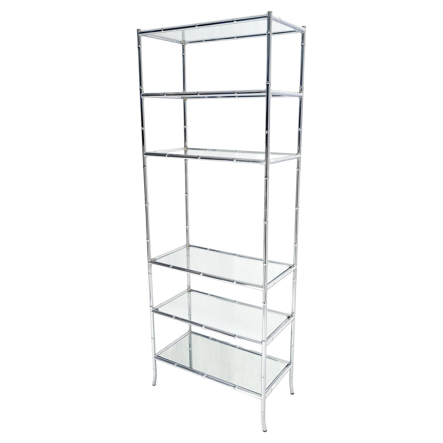 EstablishedLines Italian c1970s Faux Bamboo 6 Glass Shelves Chrome Etagere Bookcase MINT