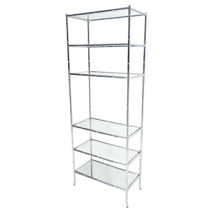 EstablishedLines Italian c1970s Faux Bamboo 6 Glass Shelves Chrome Etagere Bookcase MINT