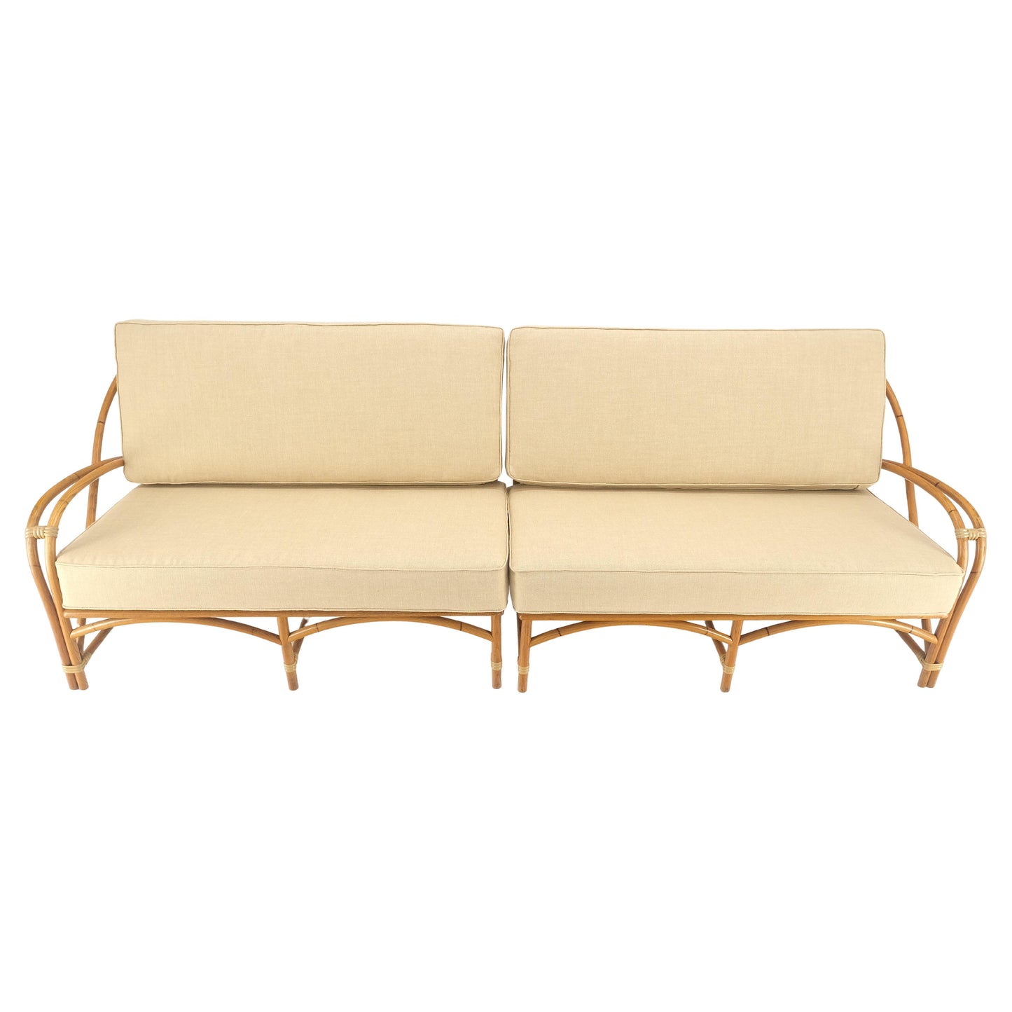 EstablishedLines New Gold Linen Upholstery Bamboo 2 Part Sectional Sofa c1970s MINT!