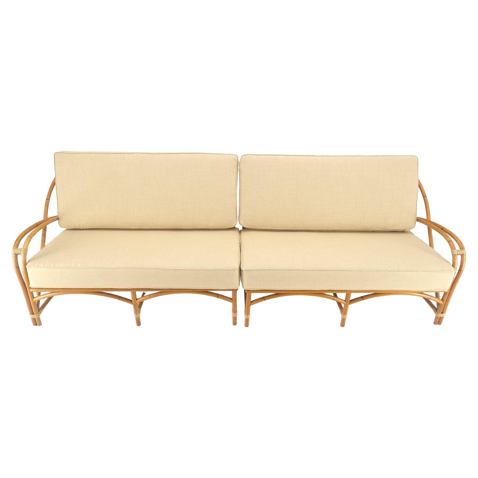 EstablishedLines New Gold Linen Upholstery Bamboo 2 Part Sectional Sofa c1970s MINT!