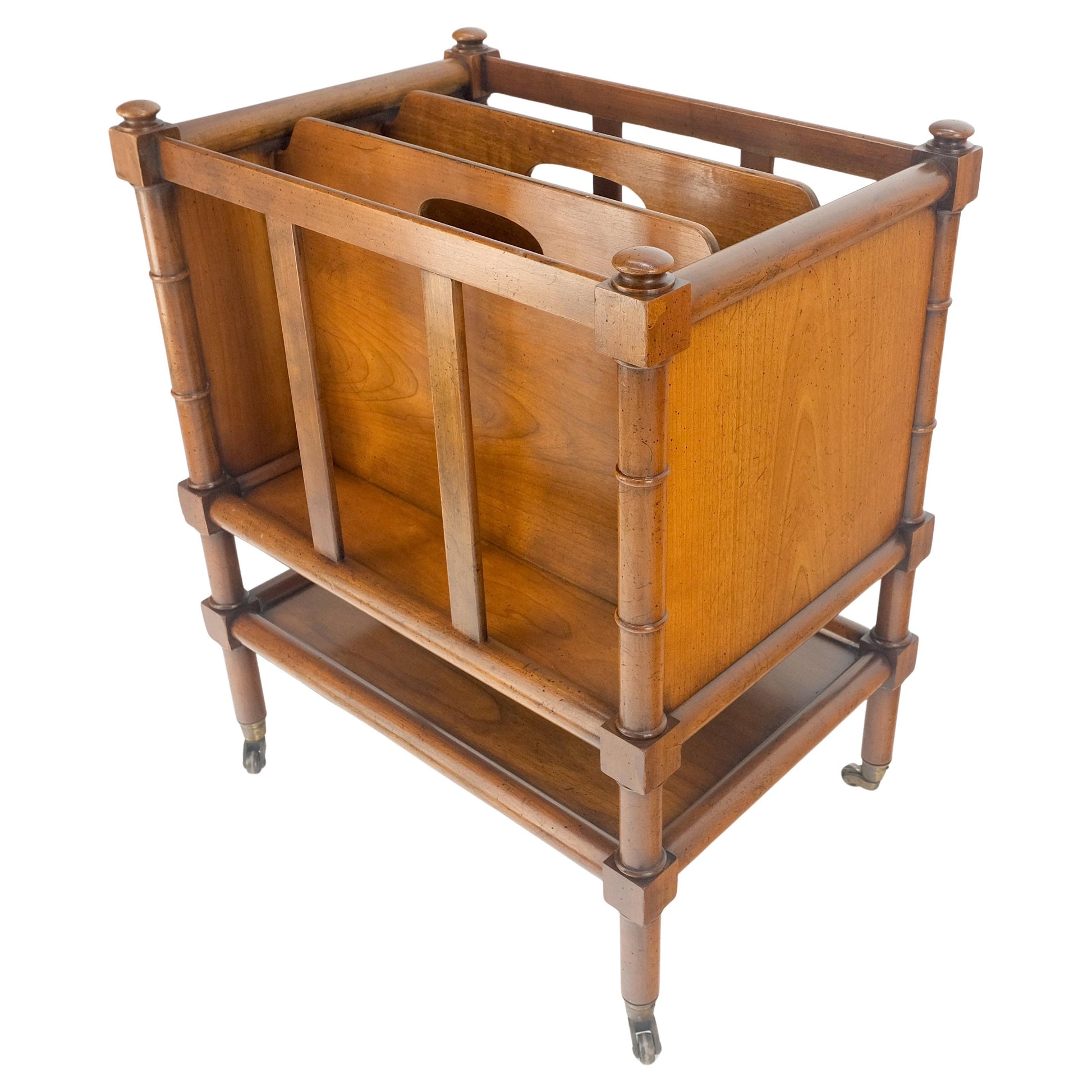 Faux Turned Wood Bamboo Canterbury Magazine Rack on Brass Casters Clean!