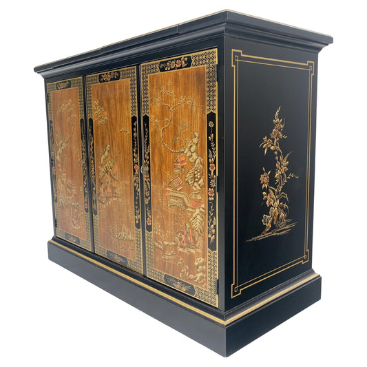 EstablishedLines Drexel Flip Top Serving Sideboard Bar on Wheels Chinoiserie Style Black Lacquer
