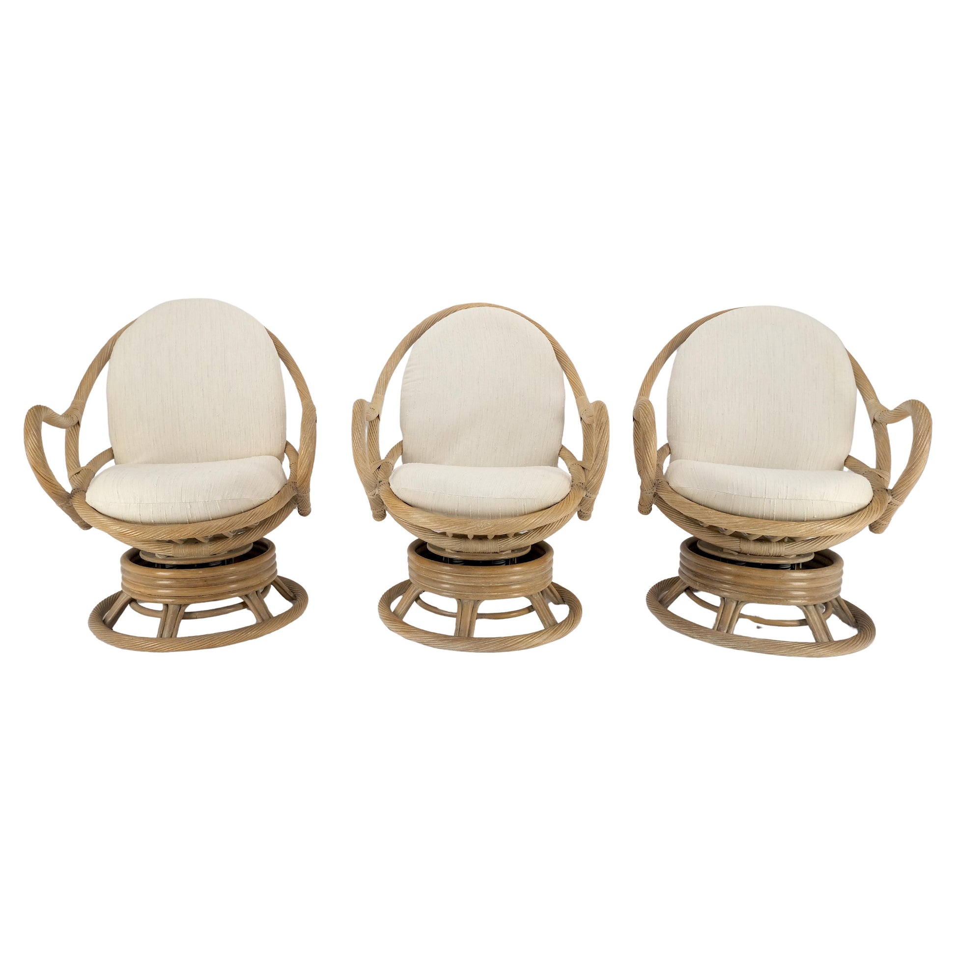EstablishedLines Set of Three Rocking Twisted Rattan Reed Oval Back Arm Lounge Chairs c1970s MINT