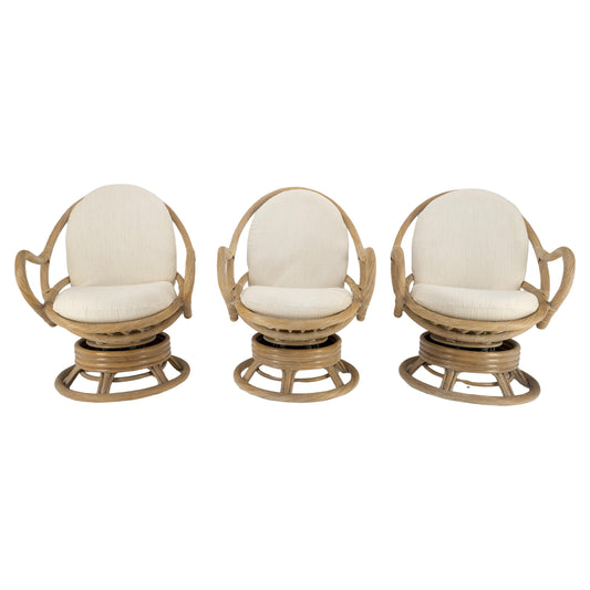 EstablishedLines Set of Three Rocking Twisted Rattan Reed Oval Back Arm Lounge Chairs c1970s MINT