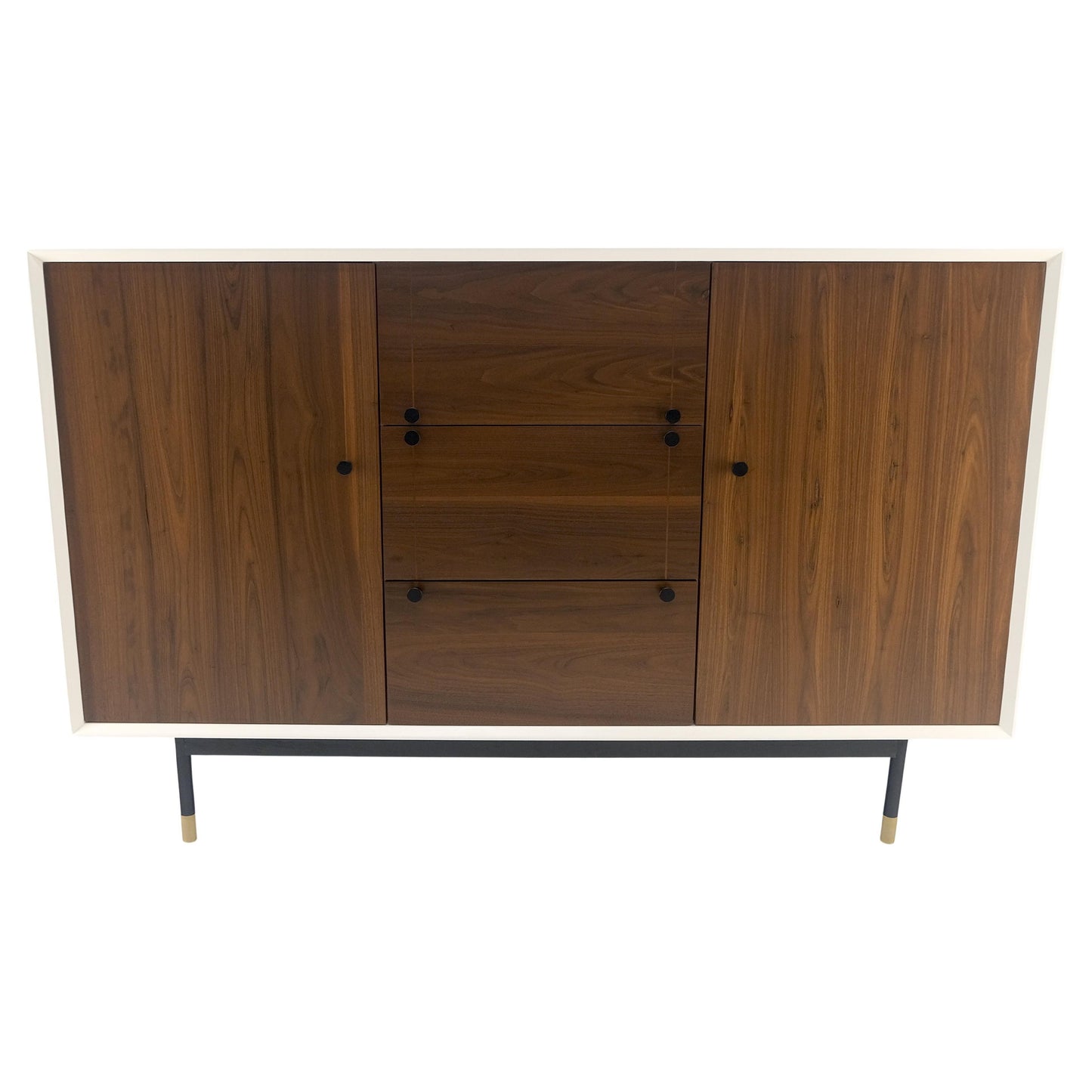 White Lacquer Walnut 39" Tall Double Doors 3 Drawer Compartment Credenza Dresser