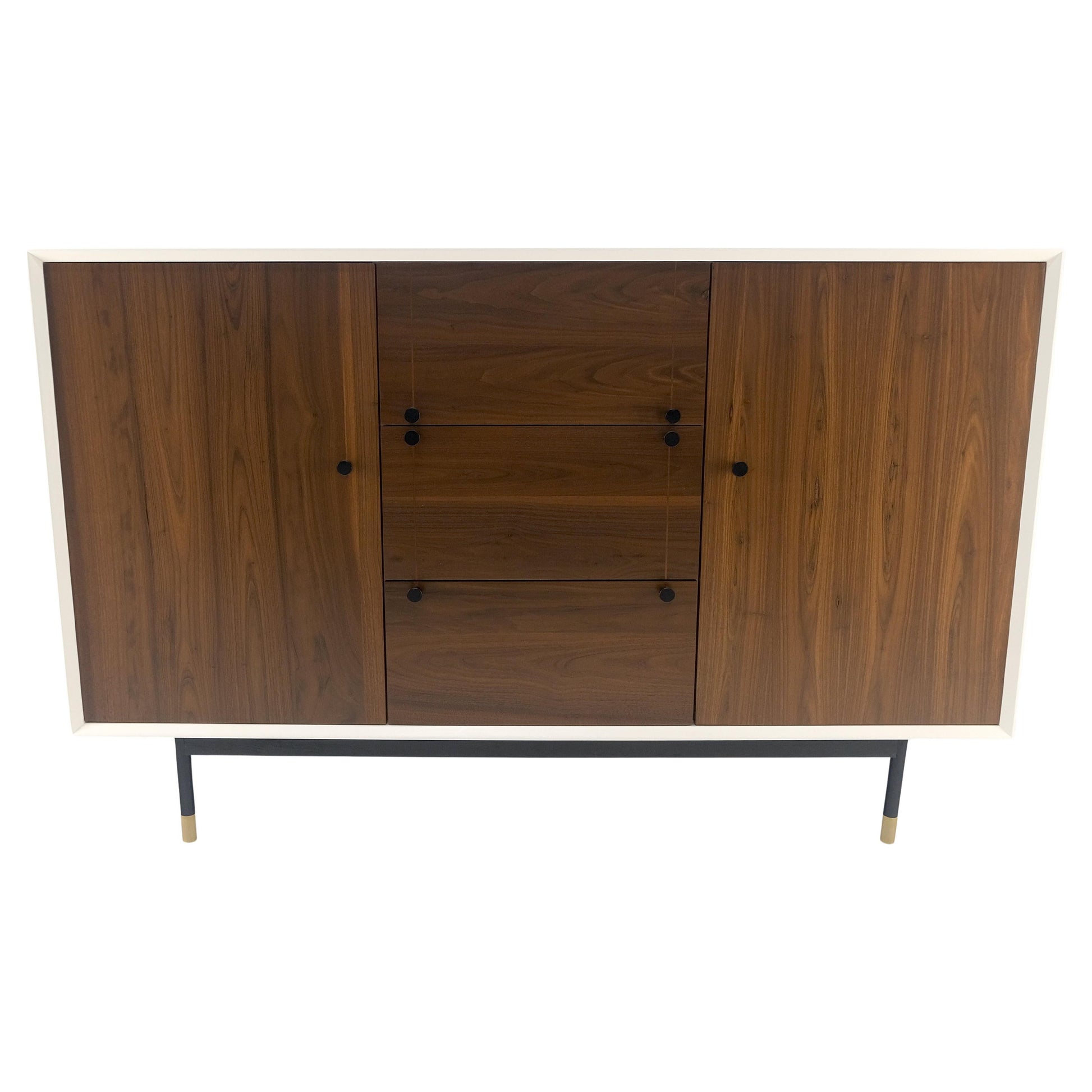 White Lacquer Walnut 39" Tall Double Doors 3 Drawer Compartment Credenza Dresser