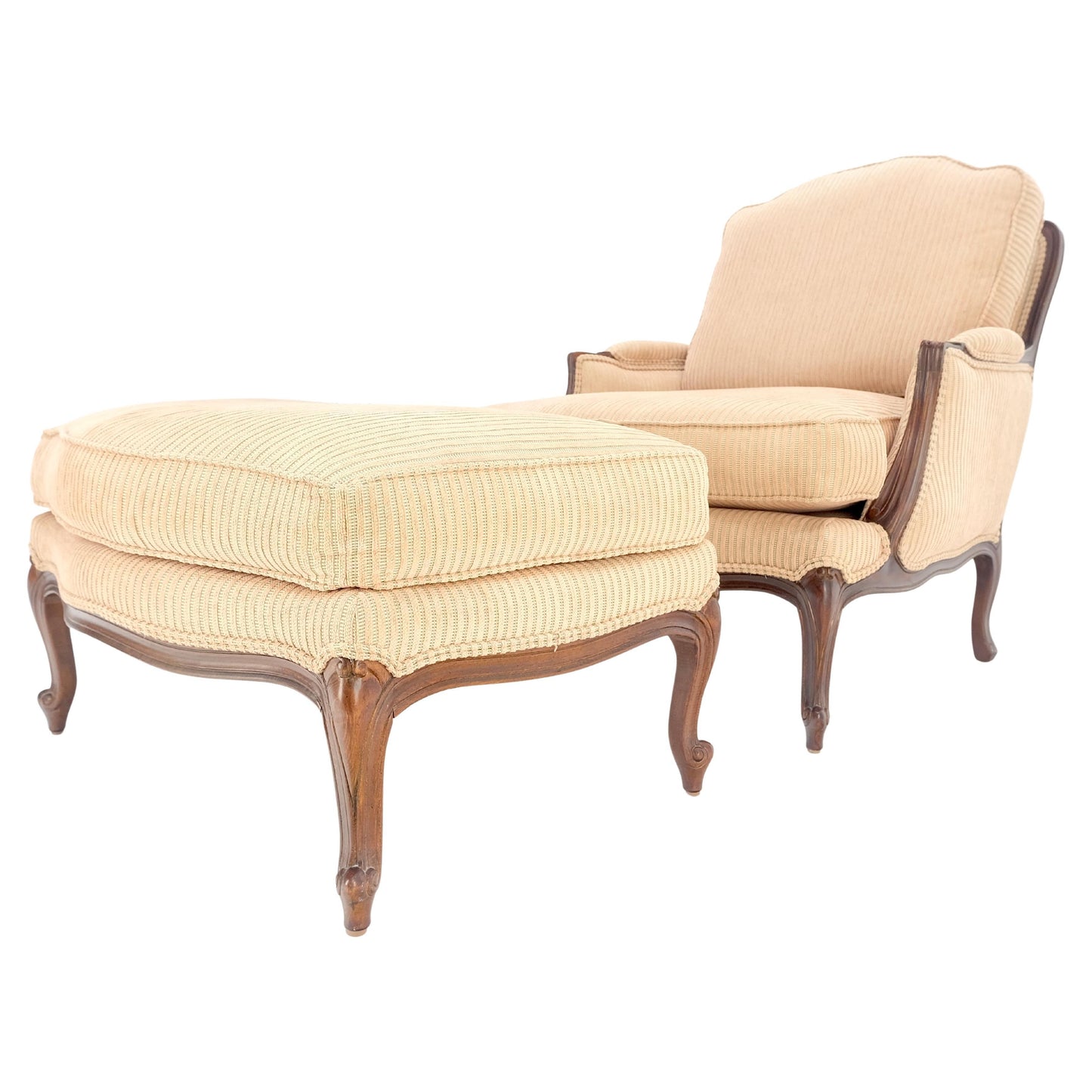 Wide Carved Walnut Frame Vintage  French Arm Chair w/ Matching Ottoman Chaise