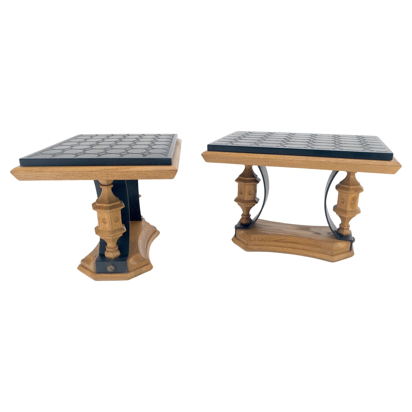 EstablishedLines Pair Solid Oak Bases Etched Patterns 3/4" Slate Top Rectangle End Side Table