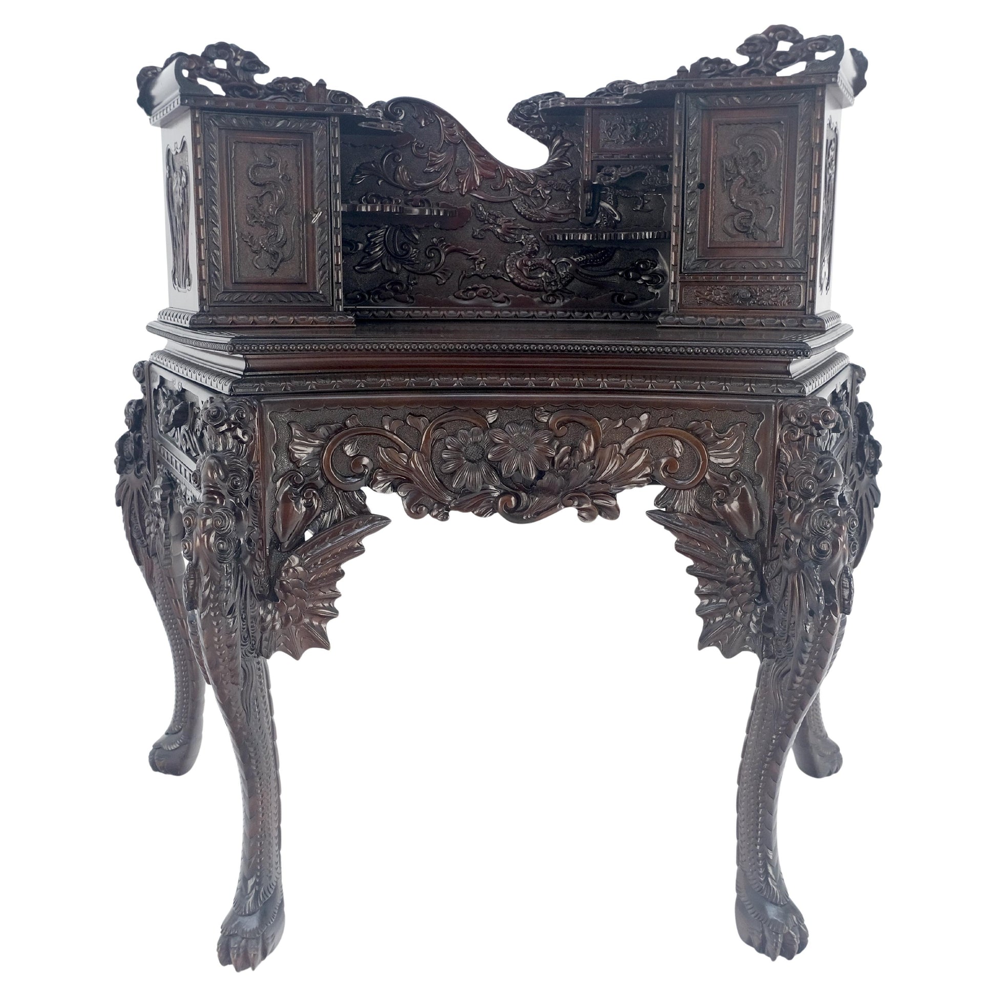 Very Fine Heavily Carved Solid Mahogany Japanese Curved Desk Multiple Drawers
