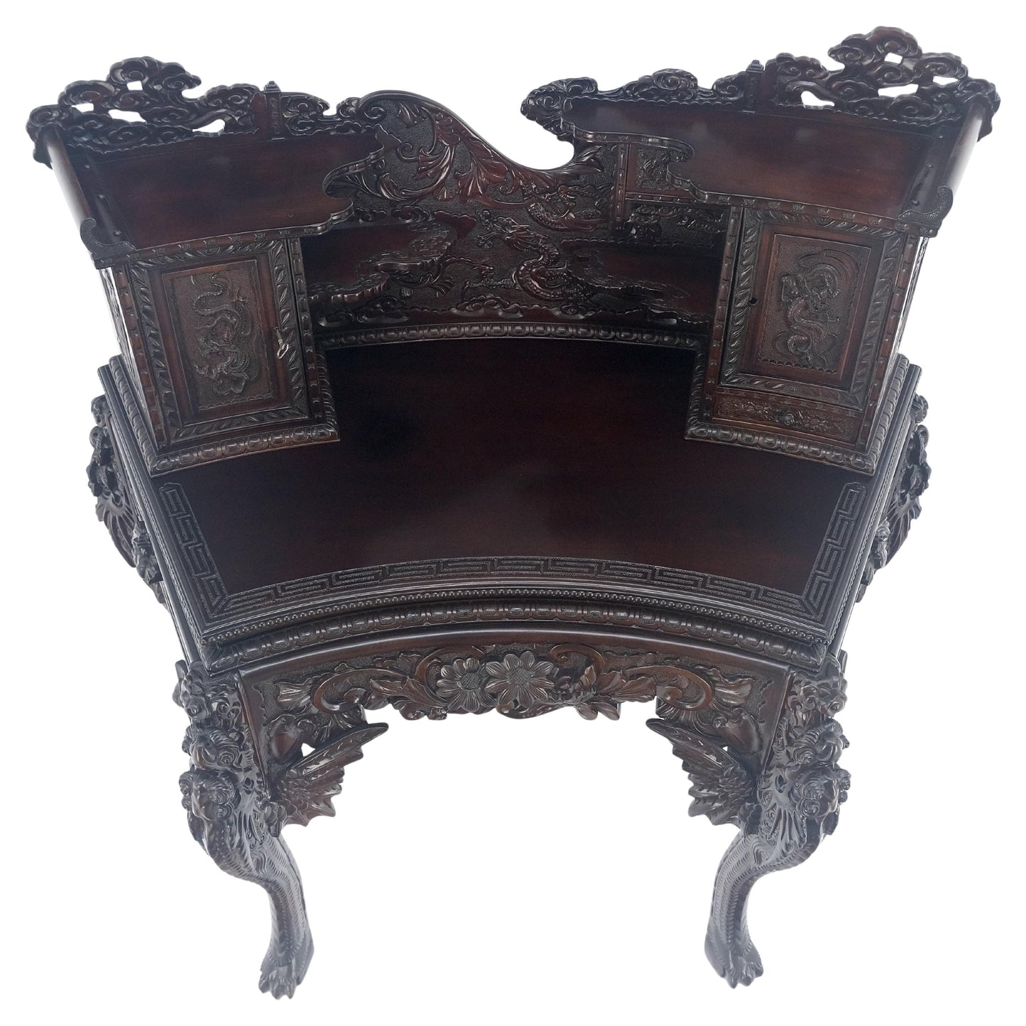 Very Fine Heavily Carved Solid Mahogany Japanese Curved Desk Multiple Drawers