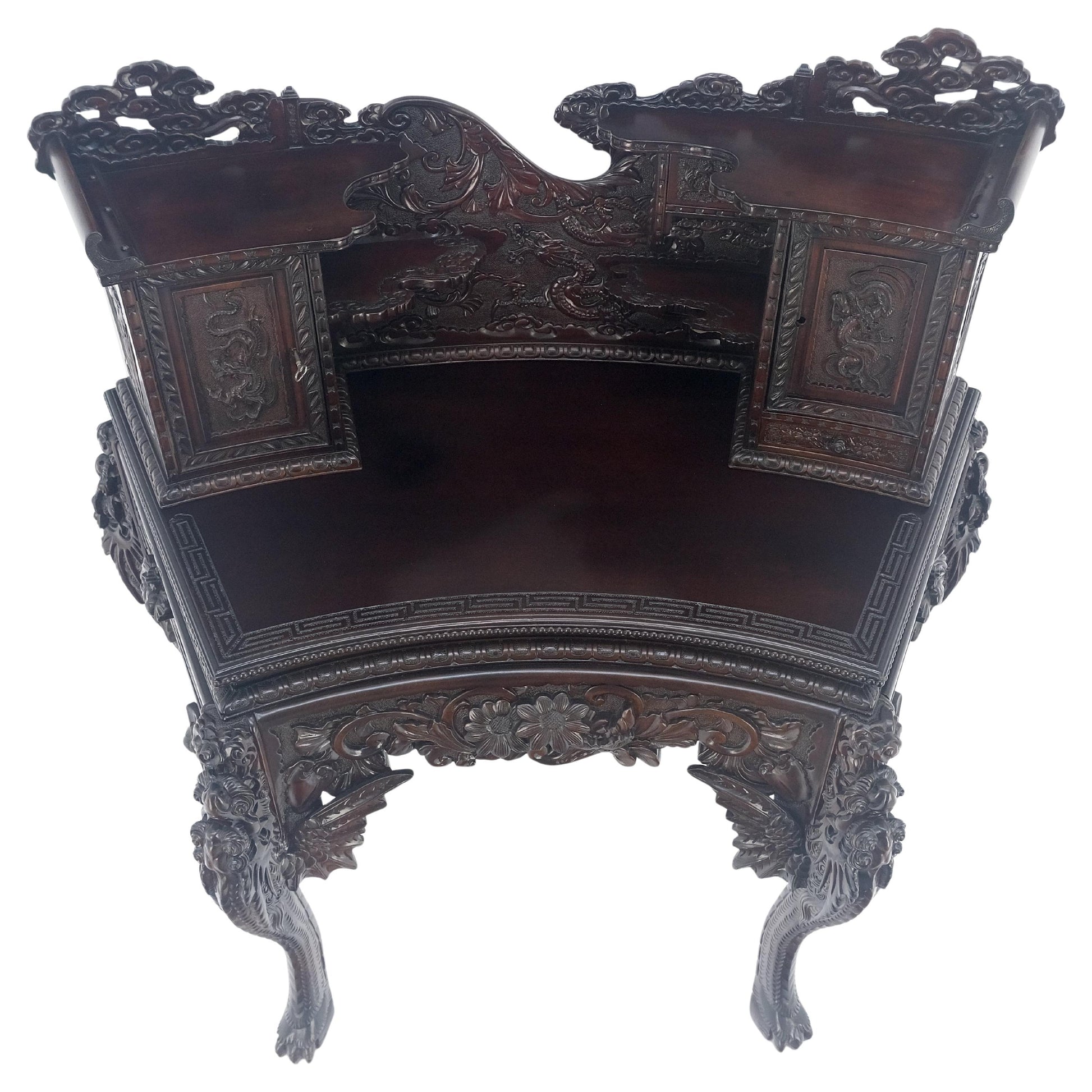 Very Fine Heavily Carved Solid Mahogany Japanese Curved Desk Multiple Drawers