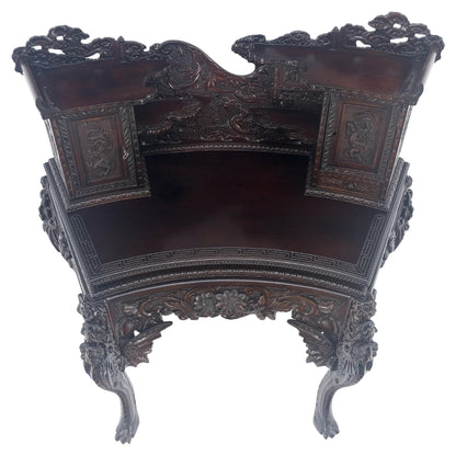 Very Fine Heavily Carved Solid Mahogany Japanese Curved Desk Multiple Drawers