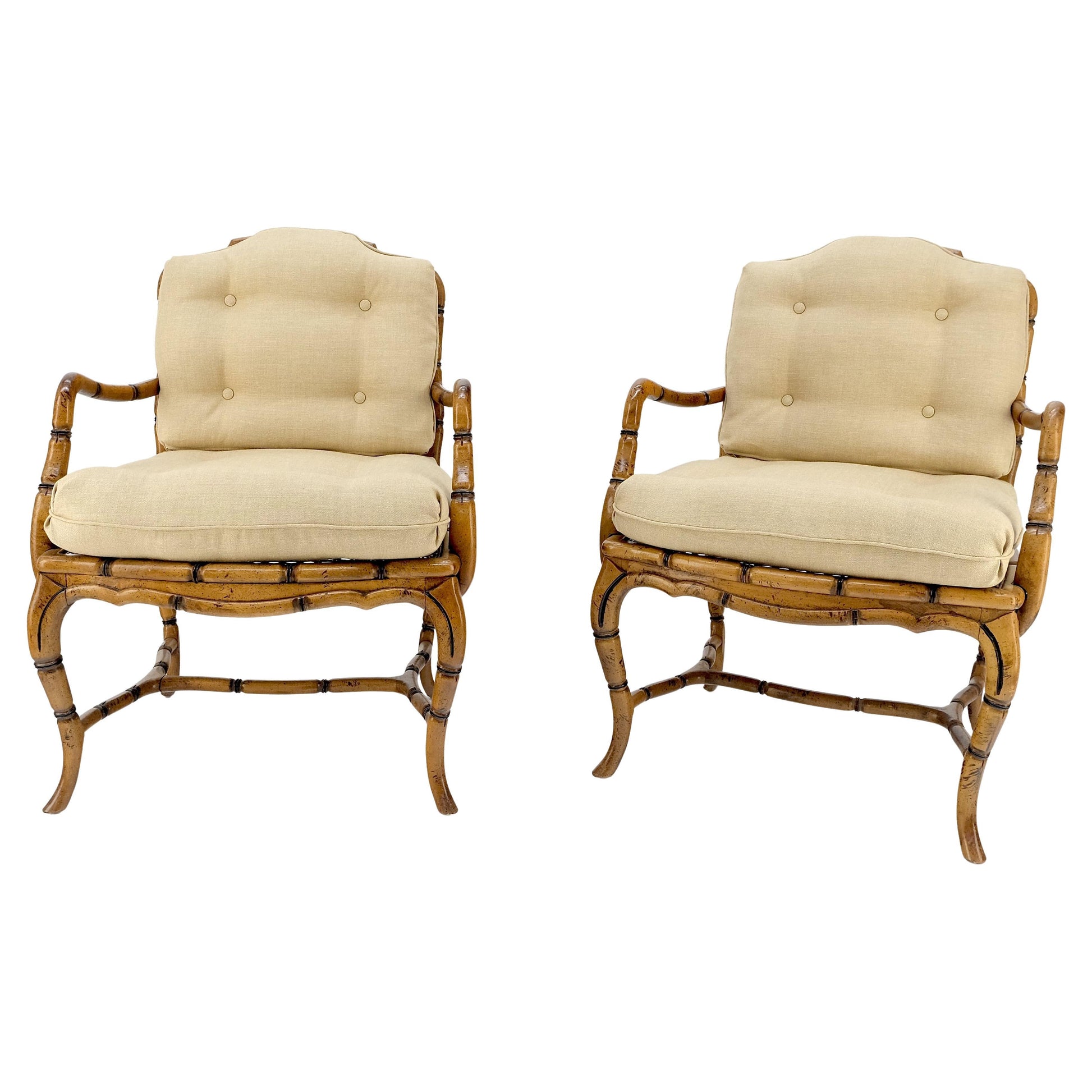 EstablishedLines Faux Bamboo Horn Shape Legs New Linen Upholstery Lounge Chairs MINT!