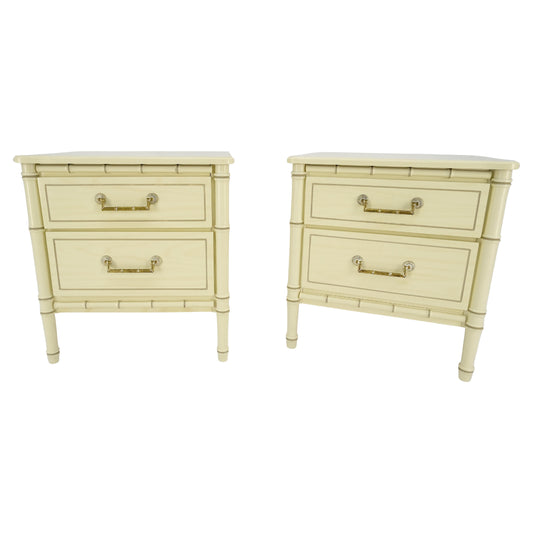 EstablishedLines Pair of Faux Bamboo Beige White Lacquer Two Drawers Nightstands End Tables MINT!