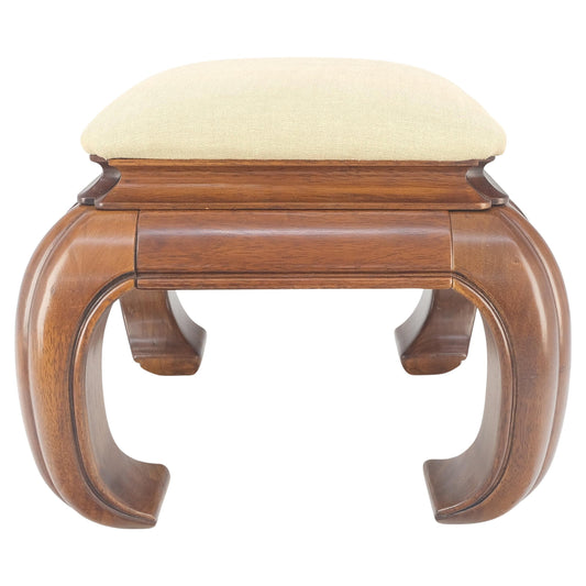 EstablishedLines Heavy Asian Solid Mahogany Foot Stool Bench Ottoman New Solid Linen Upholstery