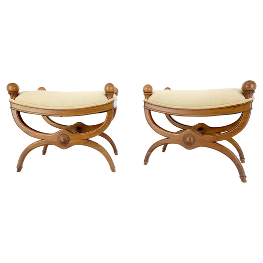EstablishedLines Pair of New Linen Upholstery French Empire Style Ball Finials Benches MINT!