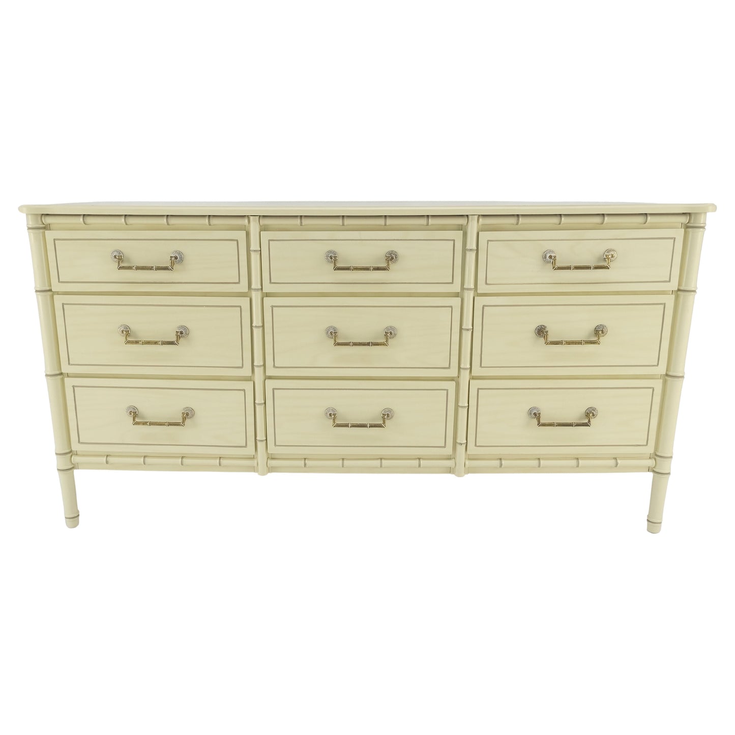 EstablishedLines Faux Bamboo Beige White Lacquer 9 Drawers 65" Wide Dresser Credenza MINT!