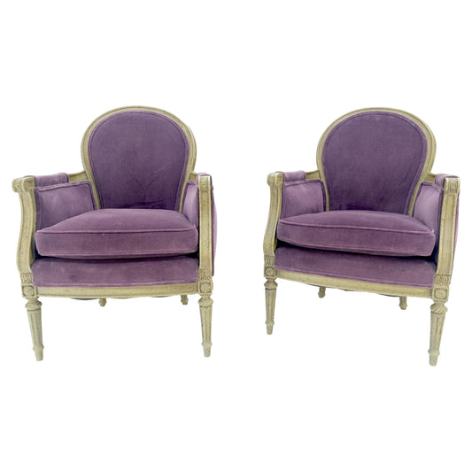 EstablishedLines Pair of Purple Velvet Upholstery French Bergere Club Chairs Clean!