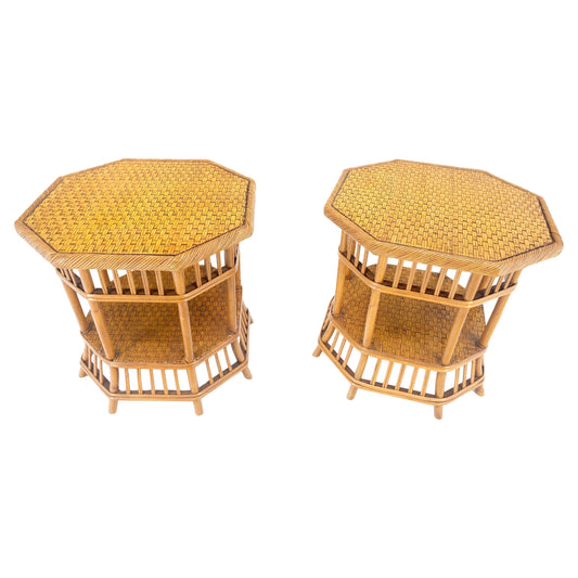 EstablishedLines Cane Bamboo Rattan Octagon Shape 2 Tier End Side Lamp Occasional Table MINT