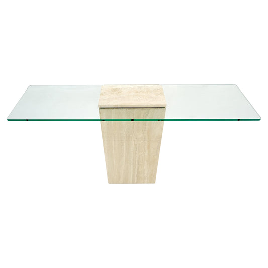 EstablishedLines Rectangle Travertine Stone Base Glass Top Italian Console Sofa Table MINT!