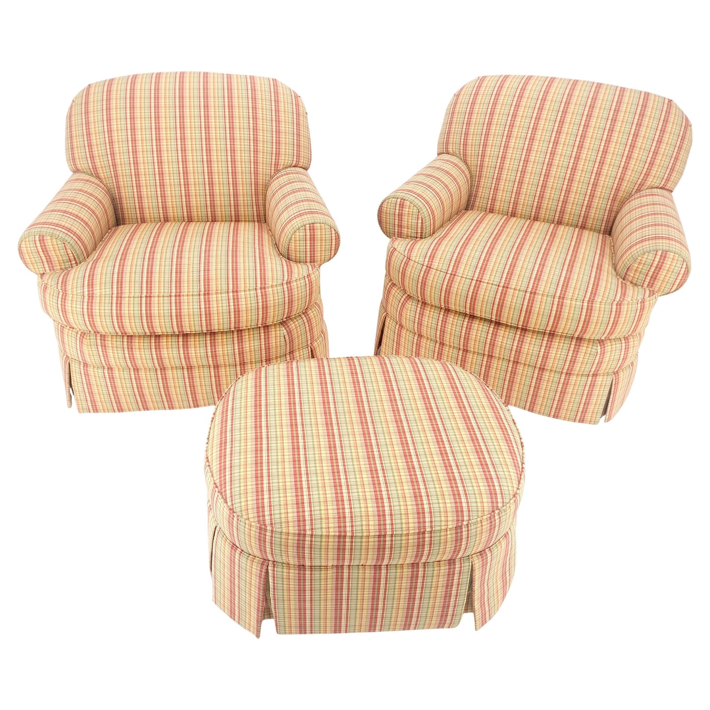 EstablishedLines Pair of Mid Century c1970s Striped Upholstery Lounge Chair Matching Ottoman MINT