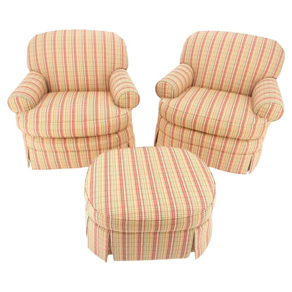 EstablishedLines Pair of Mid Century c1970s Striped Upholstery Lounge Chair Matching Ottoman MINT