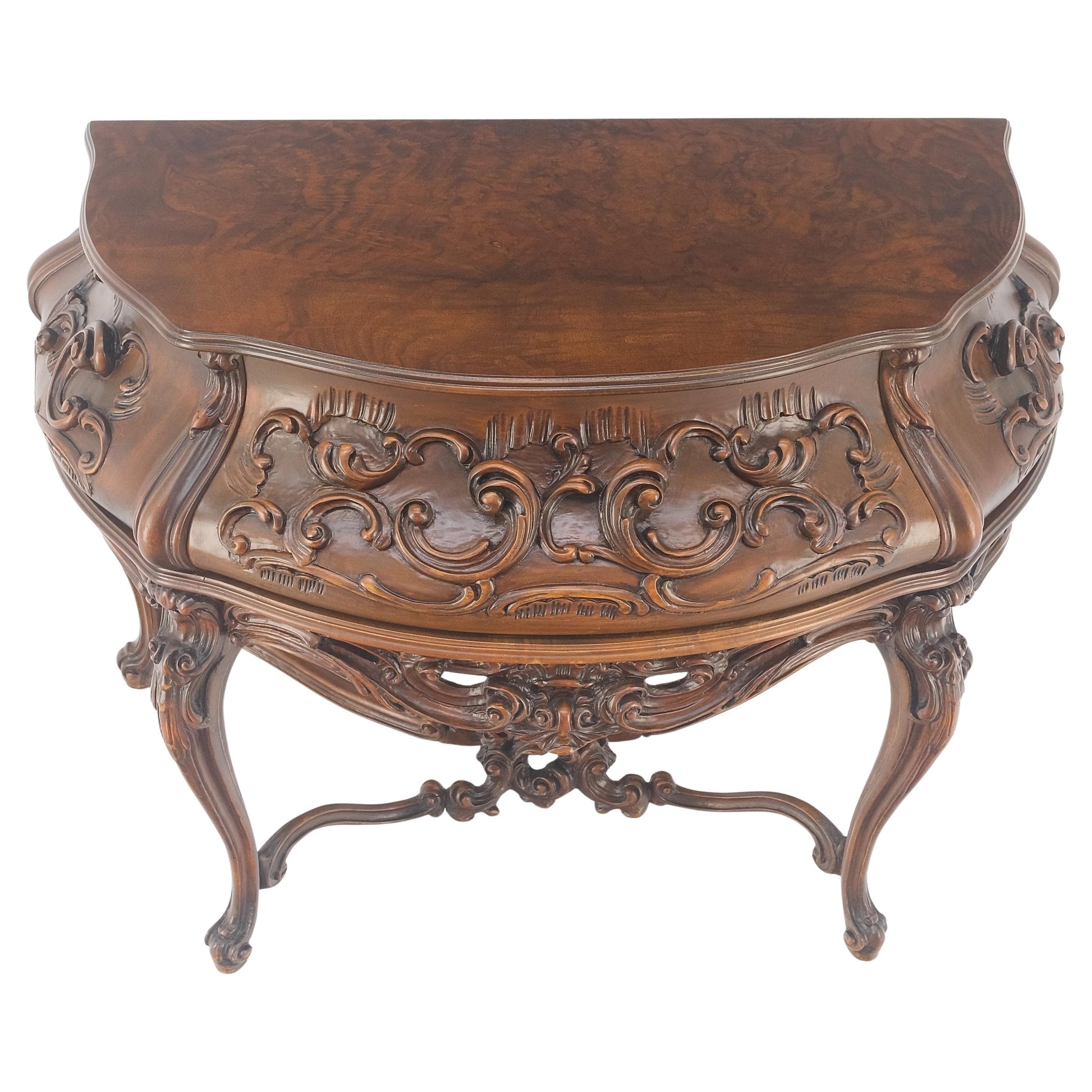 EstablishedLines Heavily Carved Decorative Demi Lune Style Burl Walnut Top Console Table MINT
