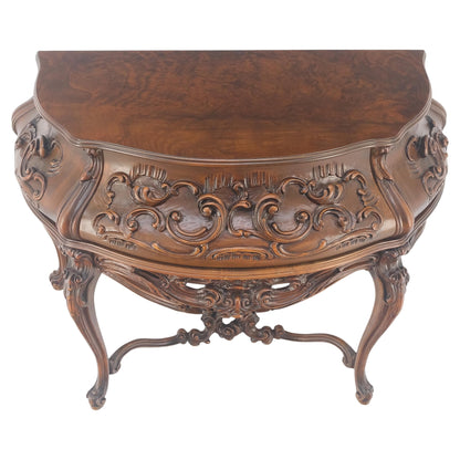 EstablishedLines Heavily Carved Decorative Demi Lune Style Burl Walnut Top Console Table MINT