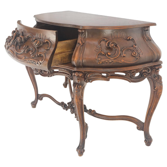 EstablishedLines Heavily Carved Decorative Demi Lune Style Burl Walnut Top Console Table MINT