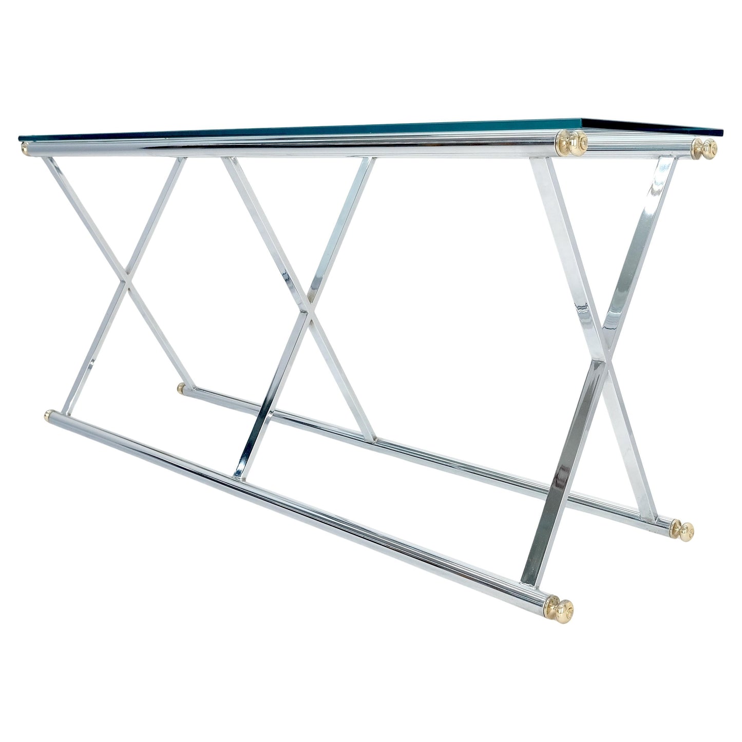 EstablishedLines Chrome X Base Glass Top 67" Long Console Sofa Table Mid Century Modern c1970s