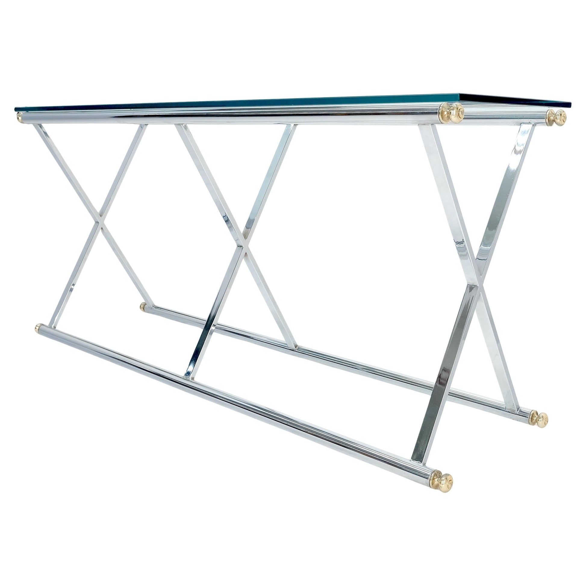 EstablishedLines Chrome X Base Glass Top 67" Long Console Sofa Table Mid Century Modern c1970s