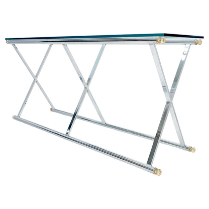 EstablishedLines Chrome X Base Glass Top 67" Long Console Sofa Table Mid Century Modern c1970s