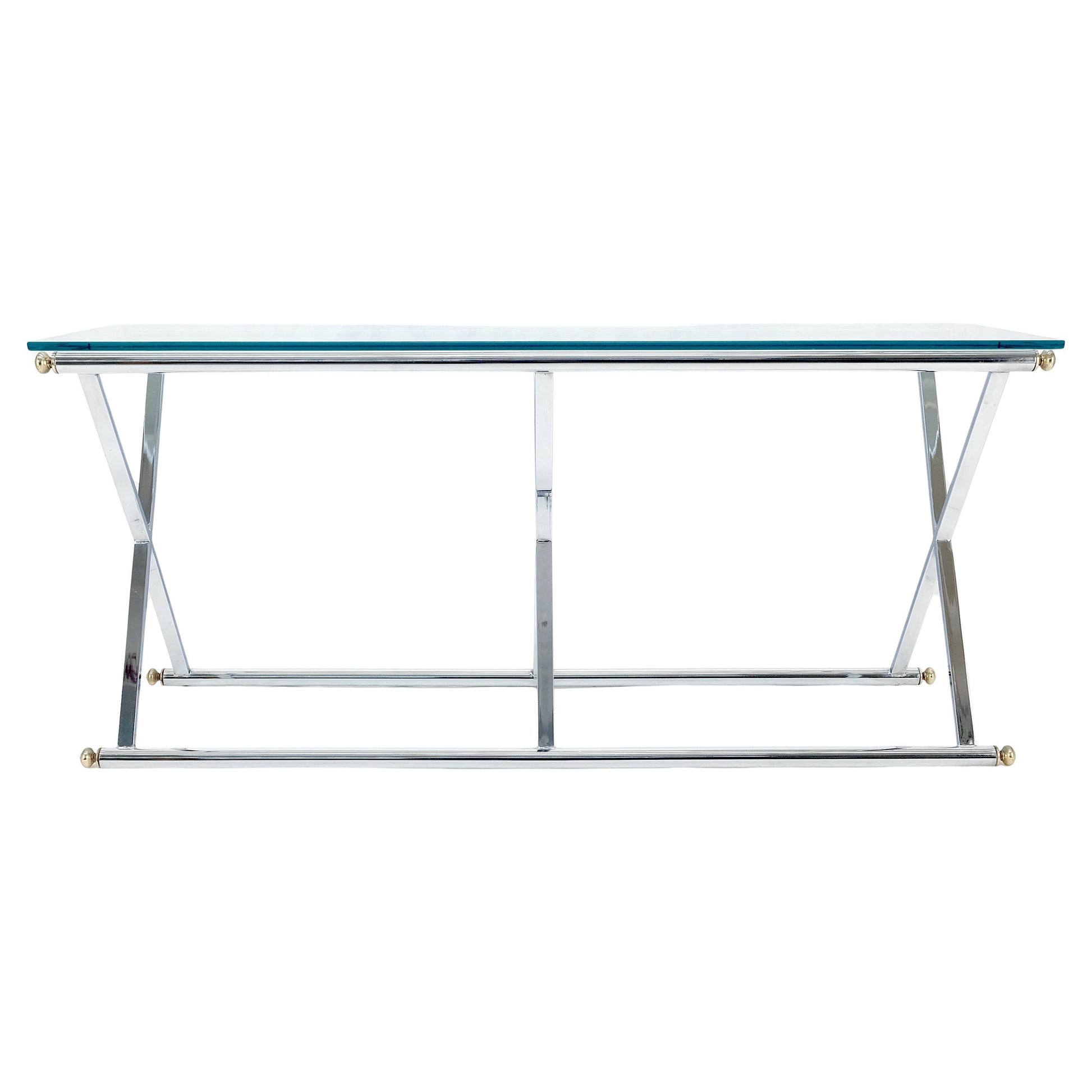 EstablishedLines Chrome X Base Glass Top 67" Long Console Sofa Table Mid Century Modern c1970s