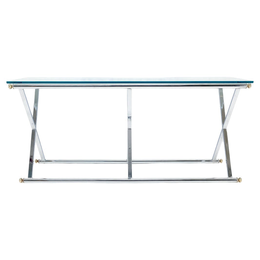 EstablishedLines Chrome X Base Glass Top 67" Long Console Sofa Table Mid Century Modern c1970s