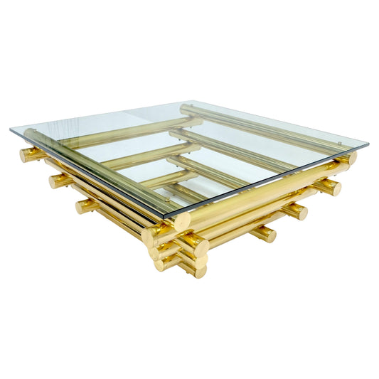 EstablishedLines Solid Brass Tube Segment Pyramid Shape Base 36" Square Glass Top Coffee Table