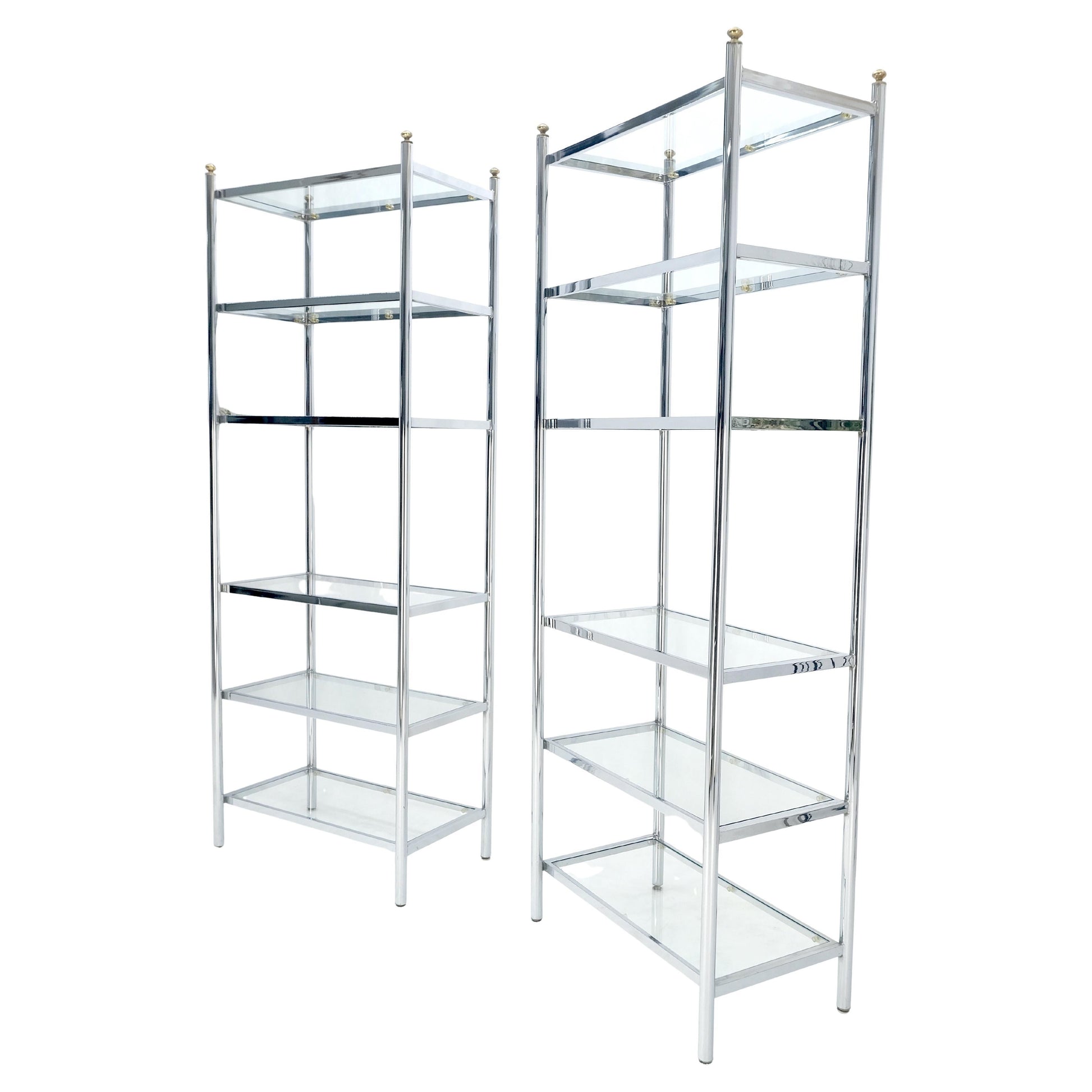 EstablishedLines Pair of Italian  81" Tall 6 Glass Shelfs Chrome Etageres w/ Brass Finials MINT