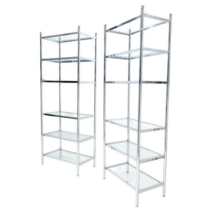 EstablishedLines Pair of Italian  81" Tall 6 Glass Shelfs Chrome Etageres w/ Brass Finials MINT