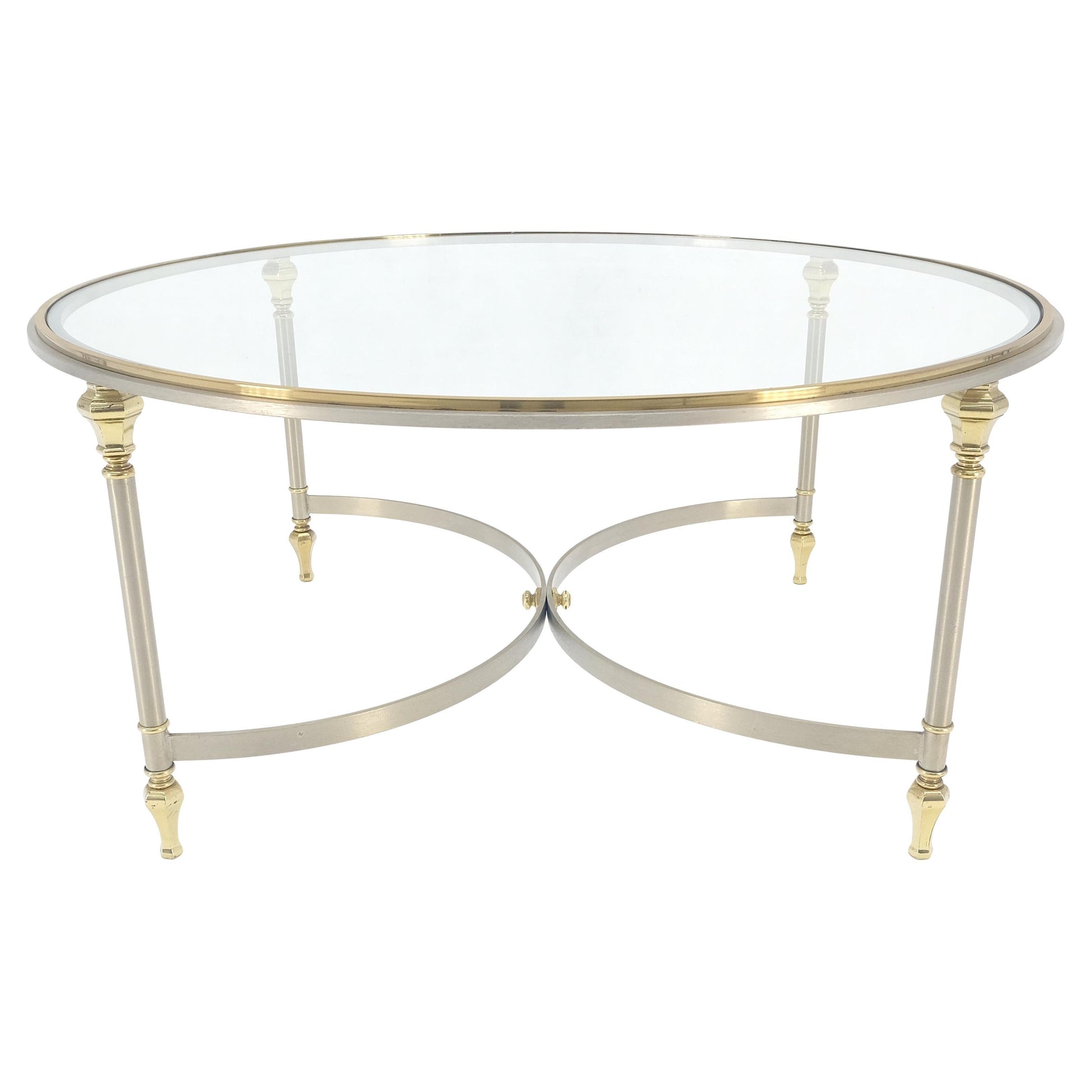 EstablishedLines Italian Round 38" Brushed Chrome & Brass Bezel & leg Glass Top Coffee Table MINT