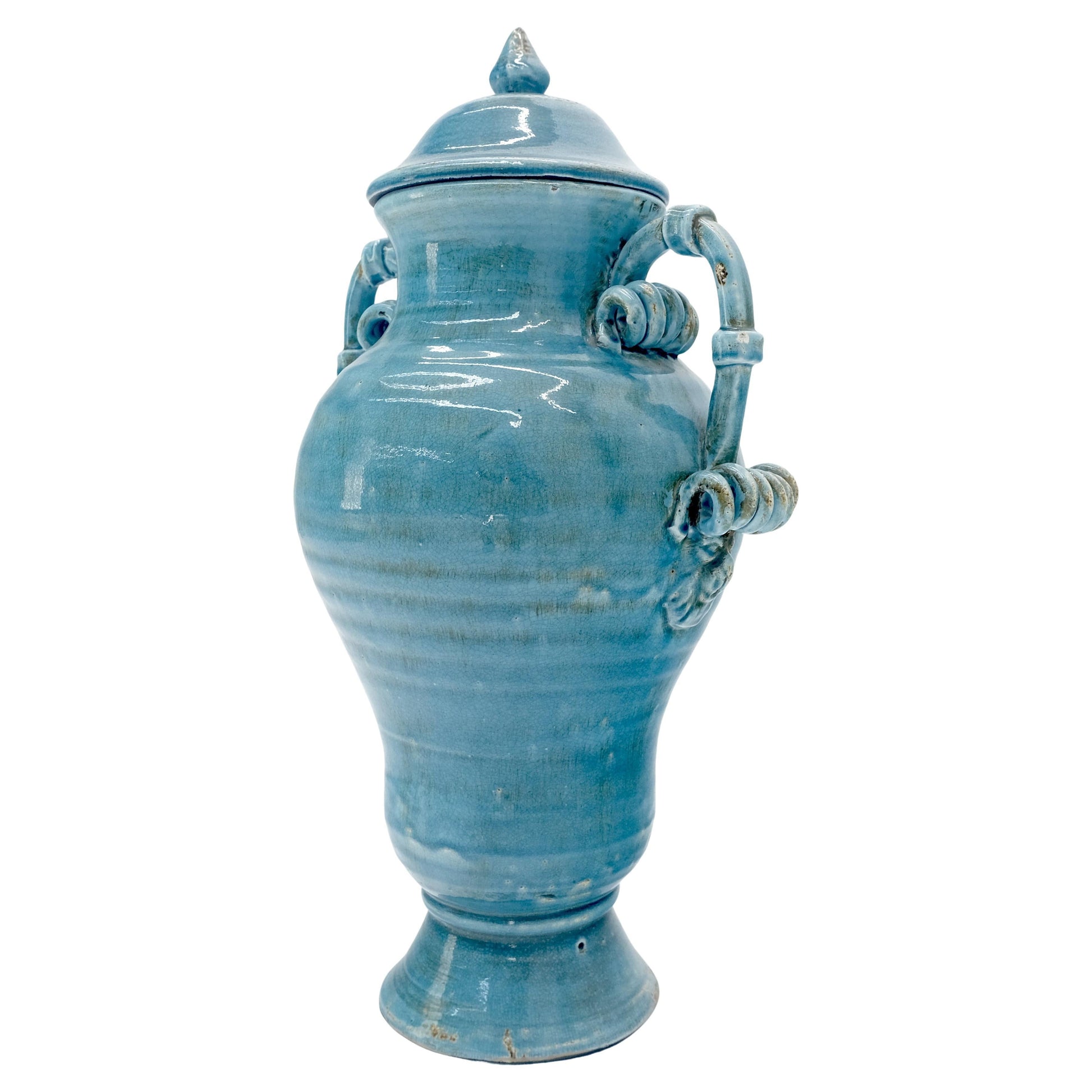 EstablishedLines Large 24" Tall Burmantofts Blue Glaze Terracotta Ceramic Urn Style Vase w/ Lid