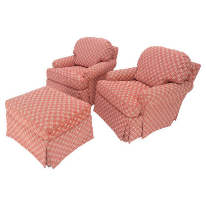 EstablishedLines Pair of Large Red & White Upholstery Club Lounge Chairs & Matching Ottoman MINT